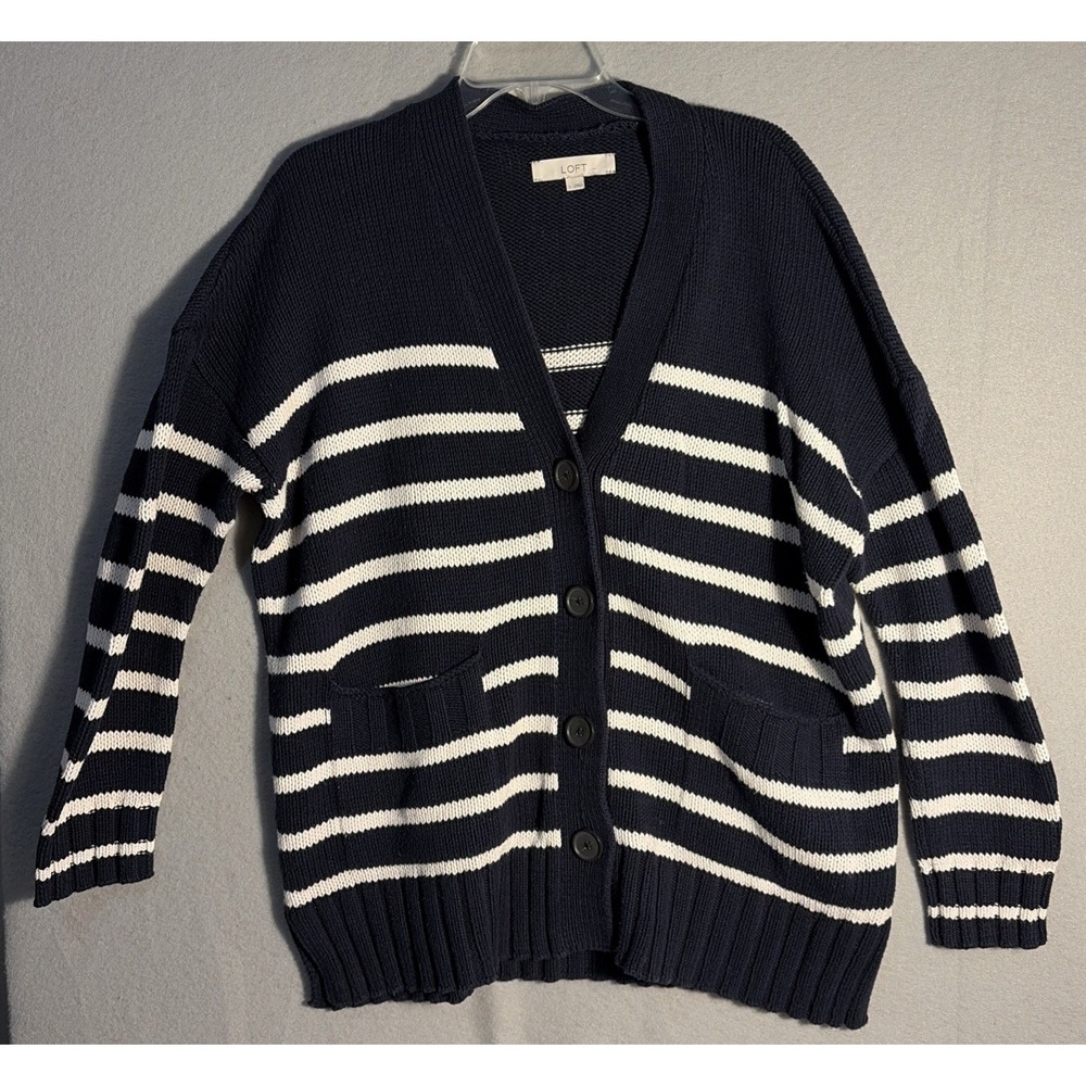 Women's Navy & White Striped Cotton Blend Cardigan  Chunky Fisherman  Large
